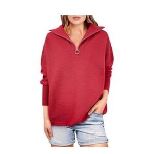 Relaxed Red Ribbed Quarter-Zip Turtleneck Sweater